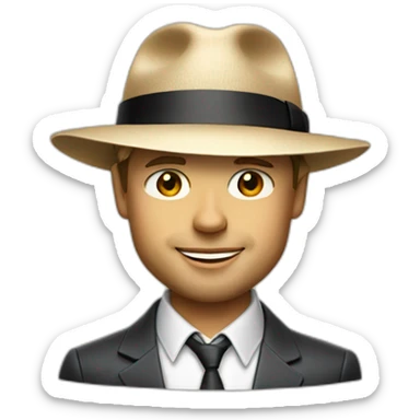 small businessman, wearing a Panama hat, Brad Pitt sticker