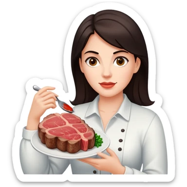 White Woman with dark hair holding a ribeye steak  sticker