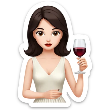 Beautiful woman in 1965’s woman fashion look, white dress, long dark brown hair, wine, sticker