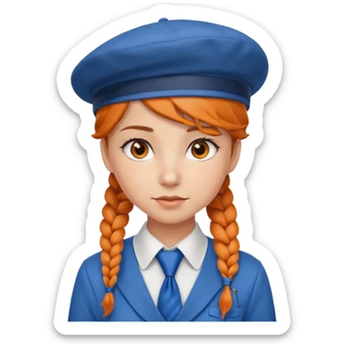 orange braided hair girl, wearing white shirt, Blue Necktie and a brown berret Hat sticker