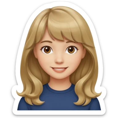 A girl with wavy, dark blonde hair, straight bangs, and straight eyes. She is smiling. sticker