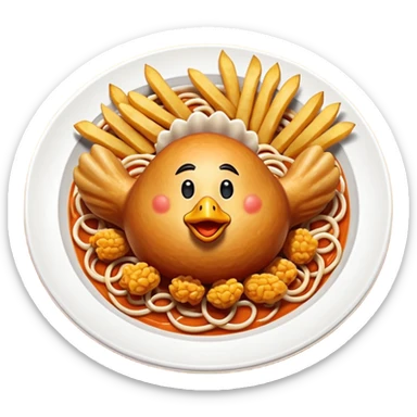 Plato redondo visto desde arriba con pollo en trozos crujientes bañados en salsa agridulce brillante color naranja, acompañado de pastas y papas fritas doradas gruesas al lado sticker