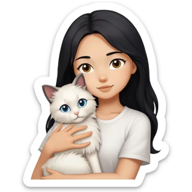 A beautiful girl with long black hair wearing a white short-sleeved shirt hugs a ragol cat sticker