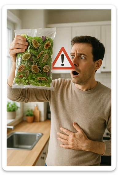 a man with a shocked expression holds a bag of salad greens up to the light. Through the clear plastic, enlarged and detailed images of various parasites and bacteria are visible among the leaves. A red warning triangle with an exclamation mark floats near the bag, emphasizing the health risk. The setting is a bright, everyday kitchen. sticker