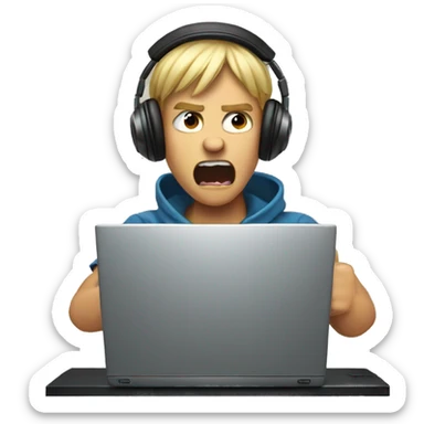 angry boy in headphones shouting at computer sticker