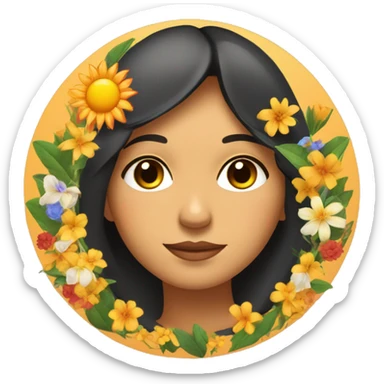 Latino woman's face inside a circle with a moon, flowers, and a sun in a line along the bottom of the circle. sticker