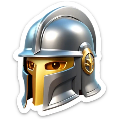 Clash of Clans aesthetic: Cinematic heroic Steel full face Helm Emoji, rendered in a 3D vector-style similar to standard emojis with minimal shading and bold, simplified shapes. A compact, isometric helmet crafted of shining steel with intricate engravings and a protective visor, softly glowing with a noble warrior charm. Simplified yet unmistakably iconic, highly detailed and consistent, glowing with a soft radiant gleam and high polish. Stylized with a touch of chivalric tradition and a soft glowing outline, capturing the essence of a stalwart battle helm with a friendly, playful manner! sticker