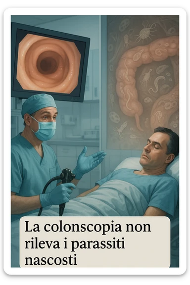 A medical cinematic illustration showing a patient undergoing a colonoscopy in a modern clinical setting. On the monitor, the endoscopic camera shows smooth, healthy-looking intestinal mucosa — clean and without evidentiary signs. But layered symbolically in the background (or faded into the intestinal wall), tiny parasitic organisms like protozoa and helminths are subtly depicted hiding between folds, or embedded deeper in tissues, undetectable by the surface-only scope. The doctor gestures with confidence, while the patient remains unaware that the test might not reveal the true underlying infection. The scene has cool clinical lighting, shallow depth of field, and realistic anatomy, overlaid with symbolic, almost ghost-like imagery of parasites in italiano sticker