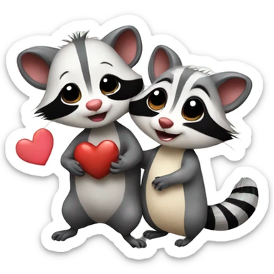 Opossum and raccoon cute couple in love with heart sticker