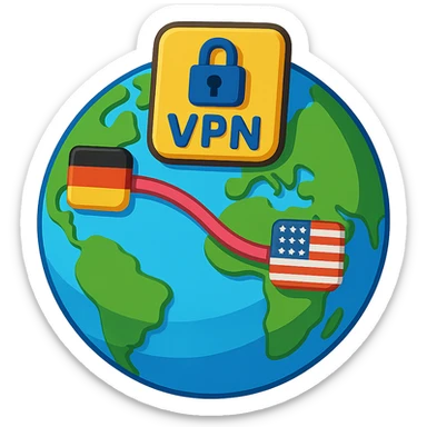 cartoon 3D style globe with VPN showing a connection between Germany and USA sticker