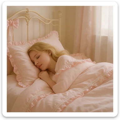 Side view of a girl with blonde hair, eyes closed, tucked into a baby pink Coquette bed, delicate and feminine details, soft pastel colors, gentle lighting sticker