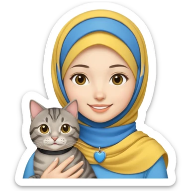 Asian White girl wearing yellow hijab holding a black grey tabby cat while smiling. The cat is wearing a blue collar sticker