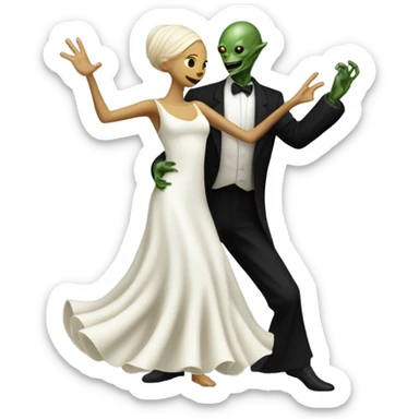 a Reptilian alien woman, in white dress, dance with a human man in frack sticker