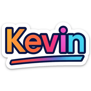 modern colorful gradient font with dark outline, dynamic slanted or partial underline, text 'Kevin', transparent background, in the style of reference patterns sticker
