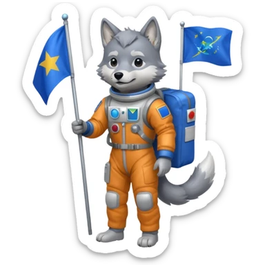 a wolf in space suit, holding blue rectangle flag, full body sticker