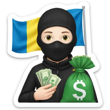 create an incredibly realistic white thief in a black suit and balaclava with a bag of money and a Ukrainian flag on it sticker