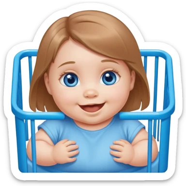 Blue-eyed baby girl with short light brown hair, chubby, mischievous smile in playpen  sticker