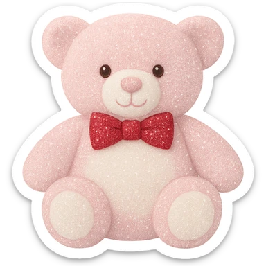 Add a touch of glitter to the teddy bear and its bow tie, keeping the pink and white fur, flat lighting, no shadows or background, soft plush look, maintain transparency. The style should reflect a soft plush teddy bear with pink and white fur and a glittery bow tie, with flat lighting and no shadows or background. sticker