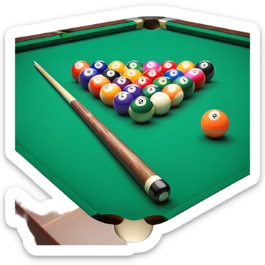 Two crossed pool cues resting on a billiard table, with colorful billiard balls scattered across the surface. The background features the felt of the table, creating an inviting atmosphere for a game of precision and strategy sticker