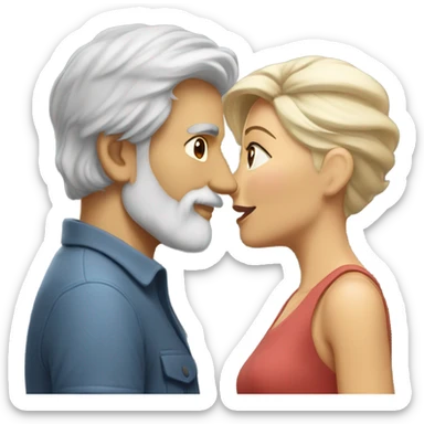 Handsome greying man with long hair and beard kissing blond athletic woman with pixie cut sticker