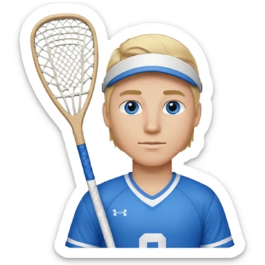 Blonde white with blue eyes lacrosse guy holding one lacrosse stick wearing blue and white gear  sticker