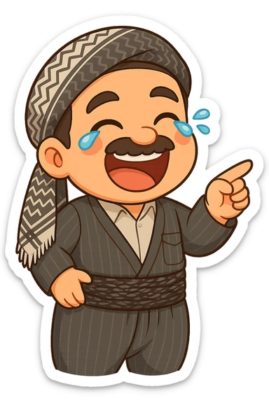 Cartoon sticker of a Kurdish man with the same clothes and scarf as the reference image, no changes to clothes or scarf, face with intense laughter and tears of joy, hand raised pointing to a joke or fun, colorful and cheerful, no text, suitable for WhatsApp and Instagram, transparent background. sticker