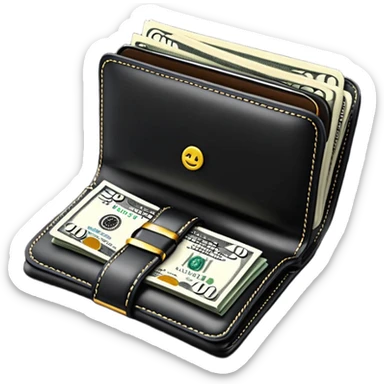 Rich emoji style black leather wallet with dollar bills, luxury money vibe, premium 3D emoji, ultra clean, high detail, no background
 sticker