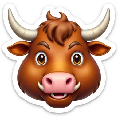 Cinematic Comical Domestic Ox Portrait Emoji, Head tilted dramatically with an exaggeratedly amused expression, featuring a striking, glossy hide with boldly curved horns and wide, expressive eyes brimming with playful disbelief, Simplified yet hilariously expressive features, highly detailed, glowing with a slightly sassy earthy glow, high shine, dramatic yet playful, stylized with an air of cheeky rural mischief, soft glowing outline, capturing the essence of a spirited and over-the-top ox that looks ready to charge its way into internet fame instantly! sticker