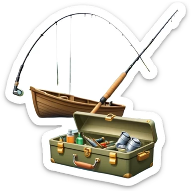 Icon for Fishing: a boat on the shore of a peaceful water body with a beautiful natural landscape, a fishing tackle box, a spinning rod. The icon should capture the tranquility and gear of a fishing adventure. Without frame. Transparent background. sticker