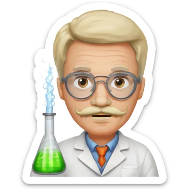 A mad scientist name Omni with a mustache sticker