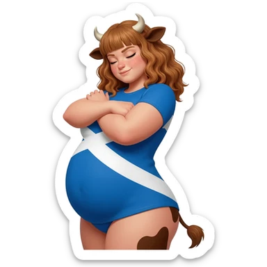 sleepy muscular hairy buff curly woman with frecles with light brown messy hair with straight bangs with brown cow tail with fat thights with cow horns and cow brown ears with extra large breasts dressed in stretched T-shirt with scottish flag hugs herself by her shoulder squints one eye sticker