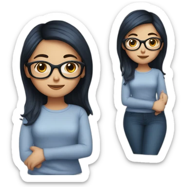 Girl with curvy red going to black hair and glasses and a blue blousse sticker