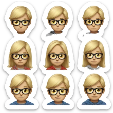 A blond young boy with glasse and a very big mou sticker