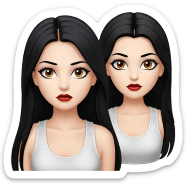 White woman with a white tank top long black hair glossy middle part straight long hair vamp look  brown eyes eyeliner winged with lashes top and bottom white border big lips black eyebrows sticker