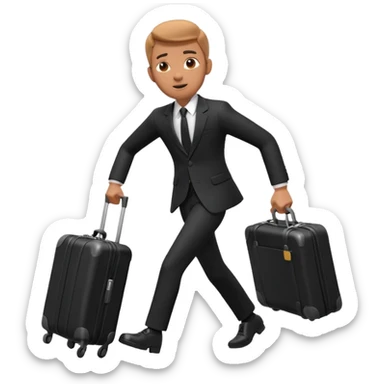 A 3D cartoon man in formal clothes pulling a suitcase behind him, slight motion blur, Memoji-style. sticker