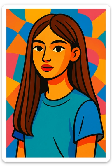 girl with long straight brown hair, modern illustration style, vibrant and colorful sticker