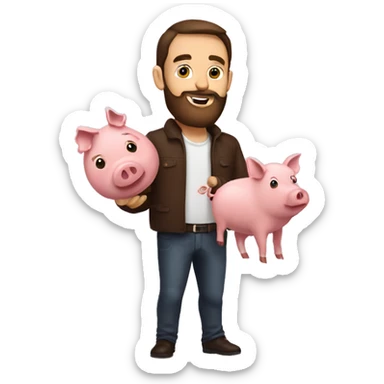 Brunette man with beard holding a pig and has a lot of bacon around  sticker