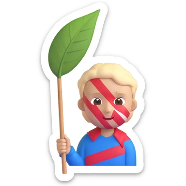 wild fierce boy emoji, face painted with red white and blue stripes, tribal savage appearance with leaf covering, holding a sharp-edged stick, inspired by Roger from LOTF sticker
