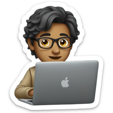 Indian boy with long hair tied in a low bun with grey spectacles working on his MacBook sticker