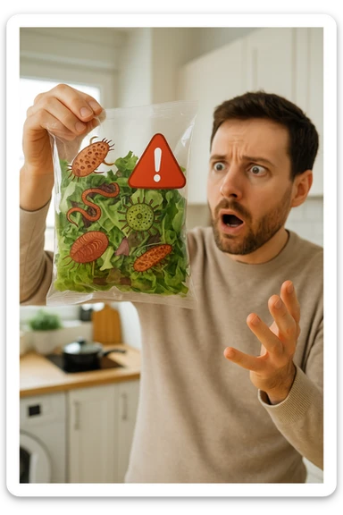 a man with a shocked expression holds a bag of salad greens up to the light. Through the clear plastic, enlarged and detailed images of various parasites and bacteria are visible among the leaves. A red warning triangle with an exclamation mark floats near the bag, emphasizing the health risk. The setting is a bright, everyday kitchen. sticker