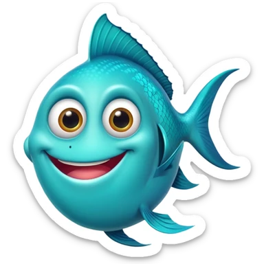 ultra stupid looking bright turquoise fish with dopey expression, huge silly grin with buck teeth, googly eye, perfect flat side profile facing right, exactly 90 degrees, one eye visible sticker