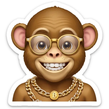 rich monkey with glasses smiling with diamond grillz and a bitcoin golden chain with diamond pearls sticker