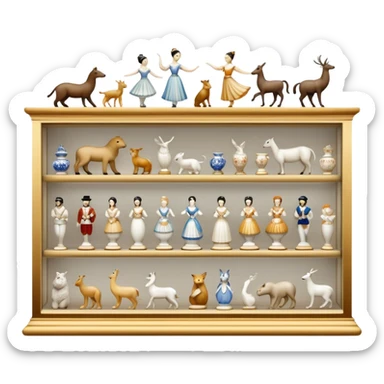 Icon for Porcelain Figurine Collecting: a collection of delicate porcelain figurines, such as animals, dancers, and historical characters, displayed on a shelf or in a display case. The icon should convey the elegance and artistry of collecting porcelain statues. Transparent background. sticker