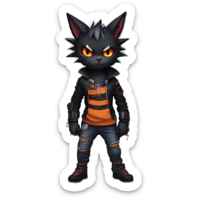 Cool Anthro Black Bat-Nargacuga-Litten-cat-Pokémon with edgy stripes hoodie spiked collar punk Full Body sticker