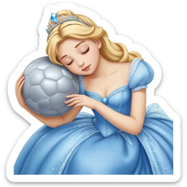 Cinematic Realistic Sleeping Cinderella Portrait, portrayed with exceptional realism: her luminous porcelain skin and exquisitely detailed golden-blonde hair lie softly under the gentle caress of natural light. Her eyes are peacefully closed in a serene, dreamlike slumber, and every fold and shimmer of her iconic ball gown is rendered with painstaking detail. The overall composition radiates a quiet, enchanting glow that encapsulates the timeless, restful beauty of a princess lost in a gentle, magical dream. sticker
