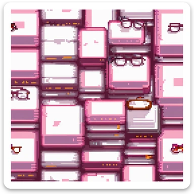 A pile of pink books with glasses on top sticker