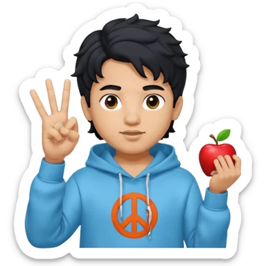 An indian boy in a light blue hoodie with wavy flow hairstyle showing peace sign, with black hair color, apple memoji style sticker