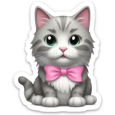 grey and white fluffy cat with pink bow collar  sticker