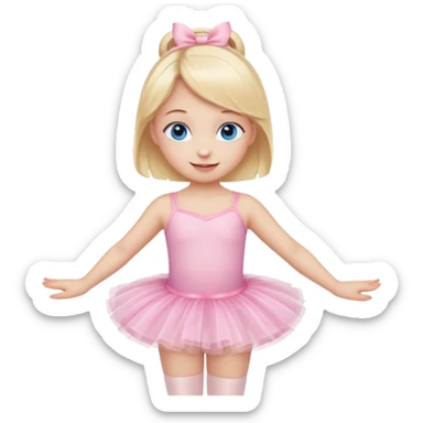 Little blonde girl doing ballet in a pink tutu and ballet slippers, cute emoji style, soft colors, happy expression, with blue eyes sticker
