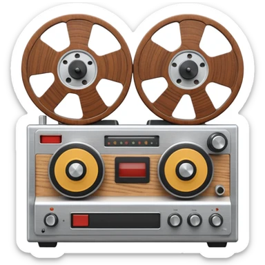 3D render of Reel-to-Reel, vintage 1980s audio equipment aesthetic, tactile analog buttons, silver metallic face with two large brown magnetic tape wheels, mixed wood grain and brushed aluminum textures, Apple emoji style, isolated on white background --v 6.0 sticker